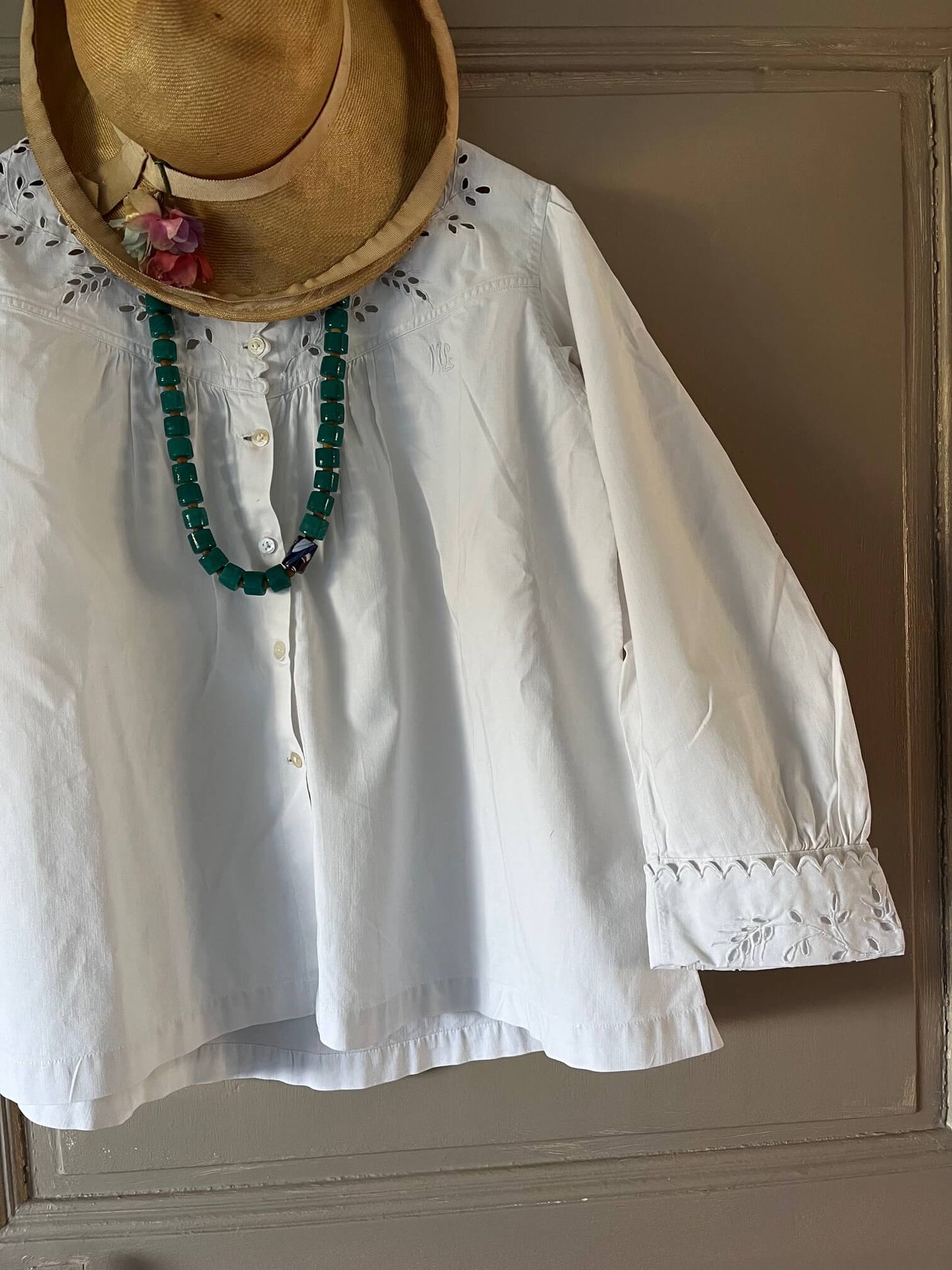 Chemisier ancien en coton blanc – blouse vintage romantique – Taille XS