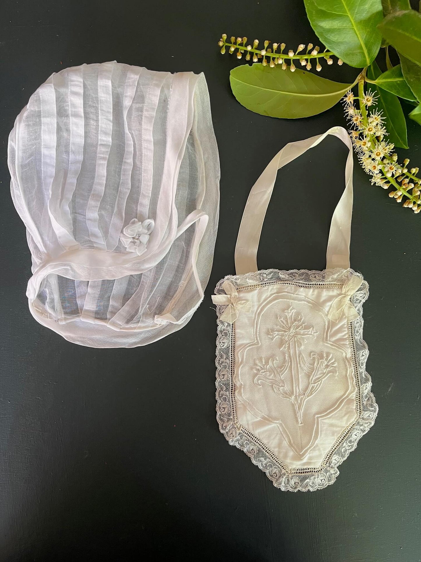 Antique Communion Bonnet in Organdy & Embroidered Purse – Vintage Religious Textile