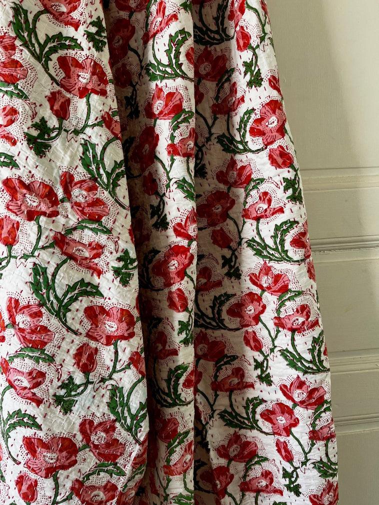 Kantha fleuri en coton, couvre-lit aux motifs roses et verts