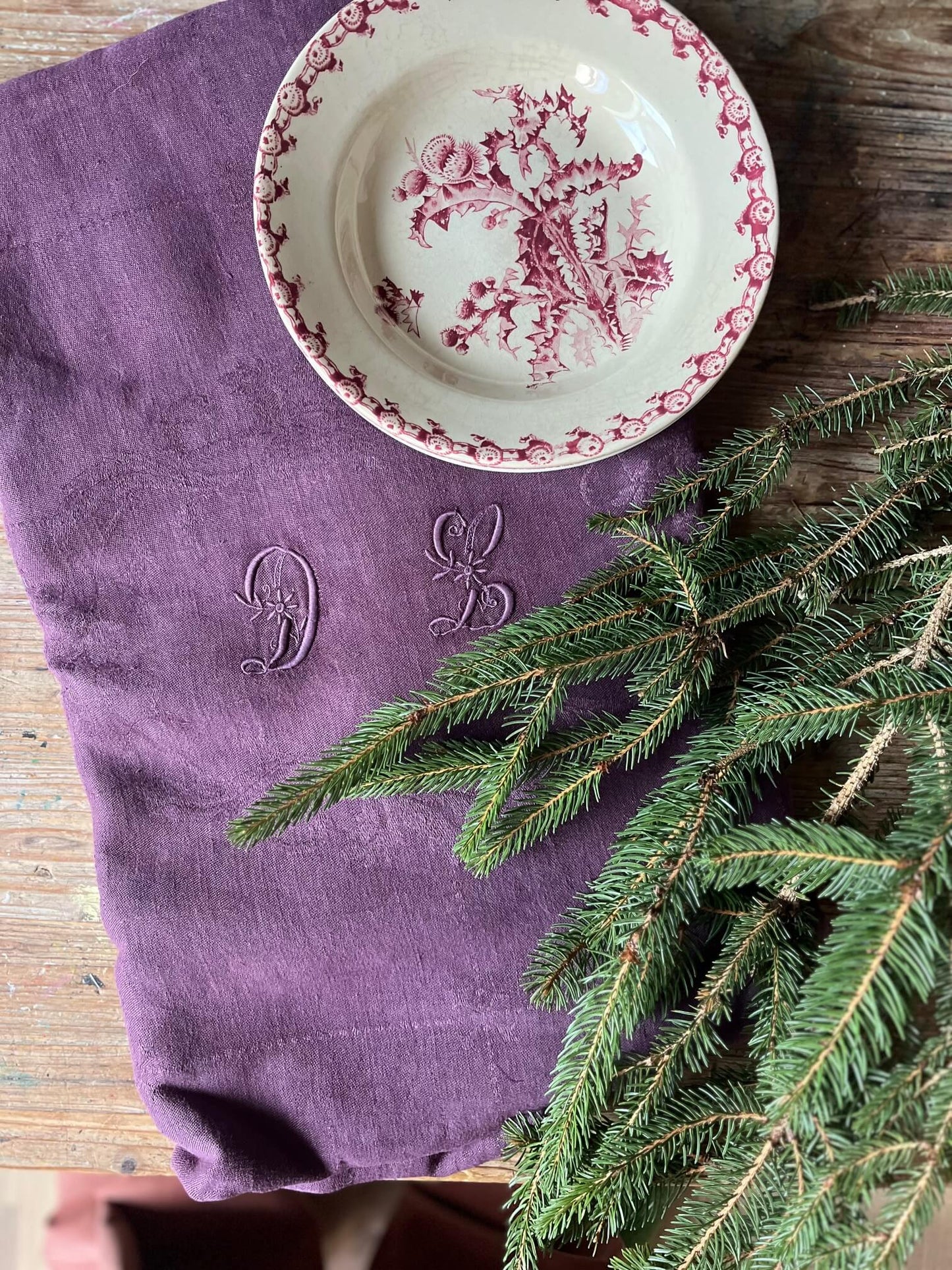 Antique Aubergine-Dyed Rectangular Tablecloth – Vintage Cotton – 220 × 150 cm