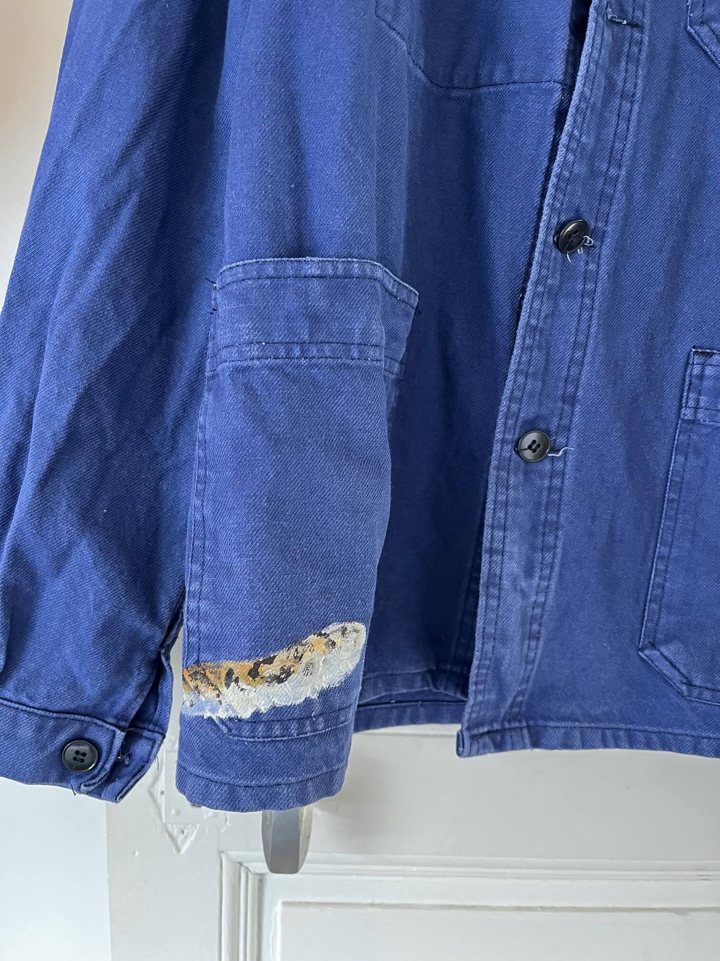 Veste artistique unisexe en coton bleu de travail, vintage et unique, peinte à la main