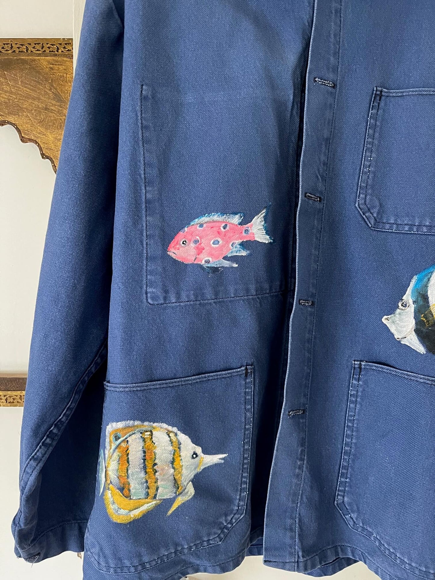 Bleu de Travail "Mr Poisson" - Veste Vintage Peinte Main (Taille L)