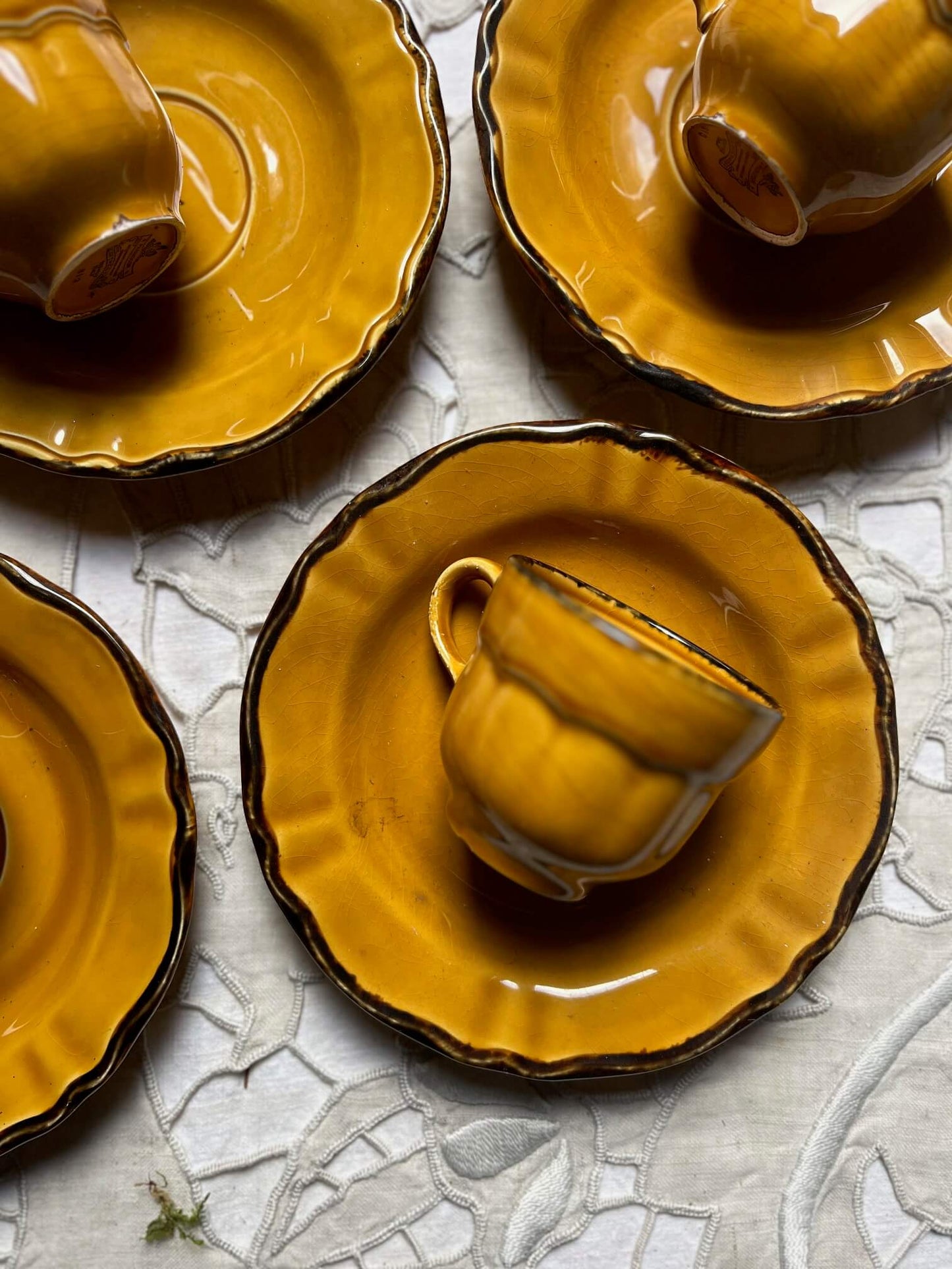 Set of 4 Antique Coffee Cups with Saucers – Mustard Yellow Vintage Tableware