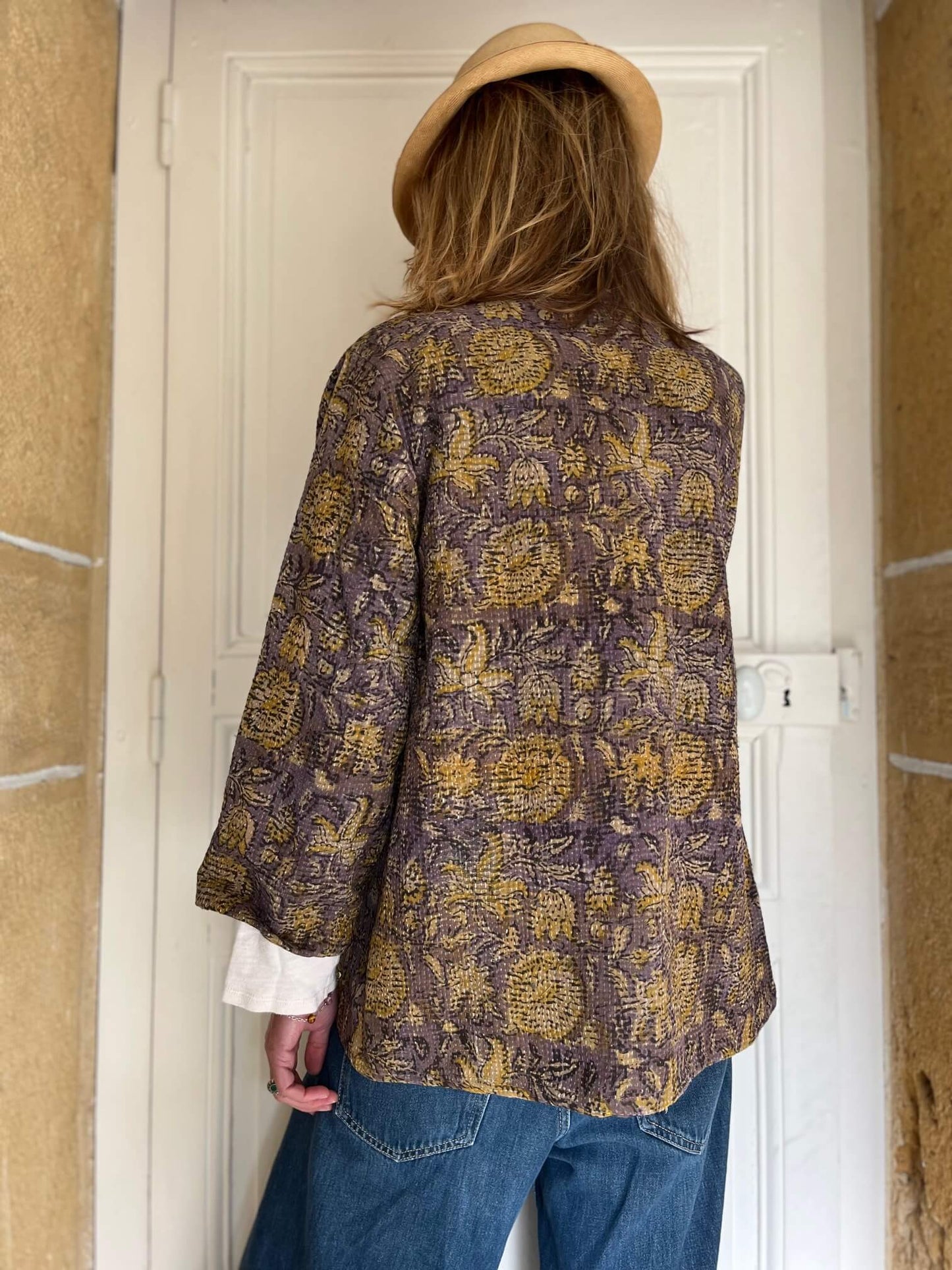 Veste Kantha Olivia – Veste bohème en tissu indien block print, pièce unique