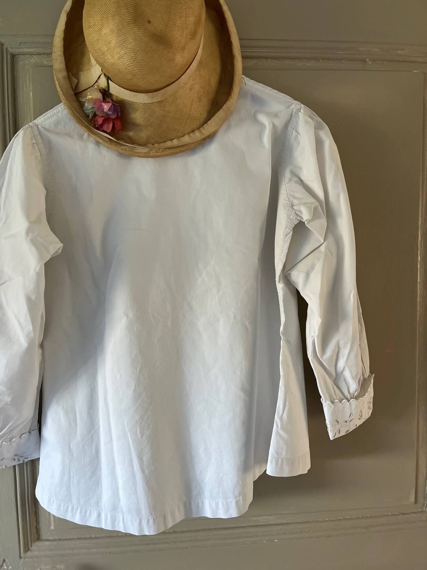 Chemisier ancien en coton blanc – blouse vintage romantique – Taille XS