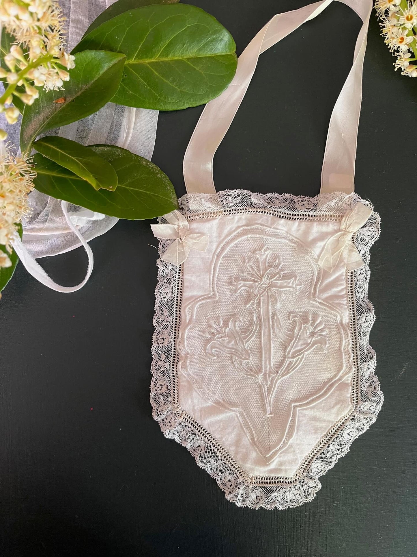 Antique Communion Bonnet in Organdy & Embroidered Purse – Vintage Religious Textile