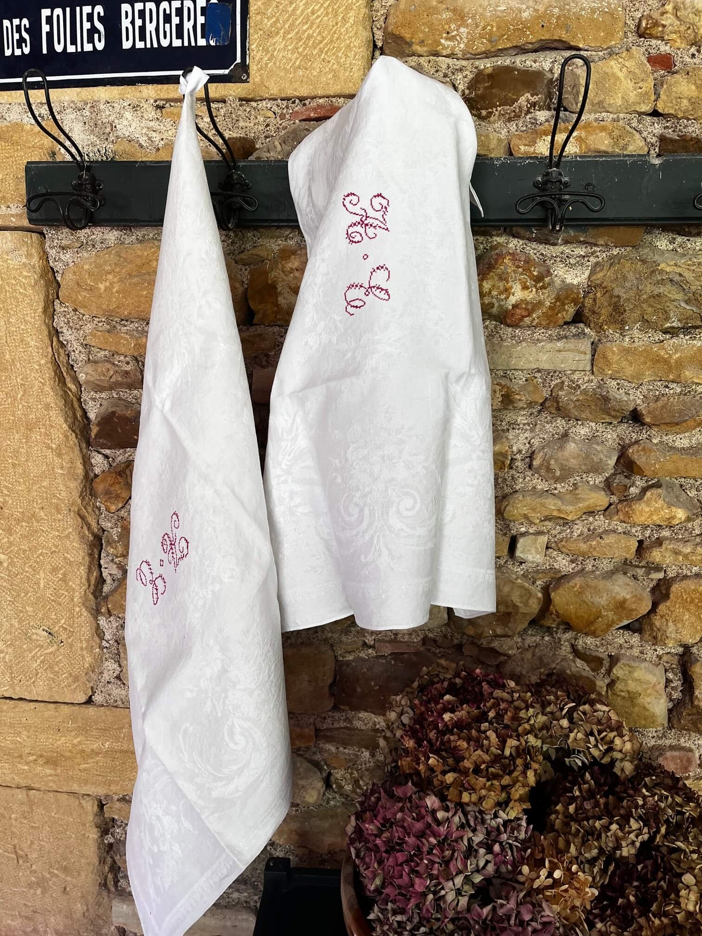 XL Antique Monogrammed Damask Cotton Kitchen Towel – Vintage French Linen