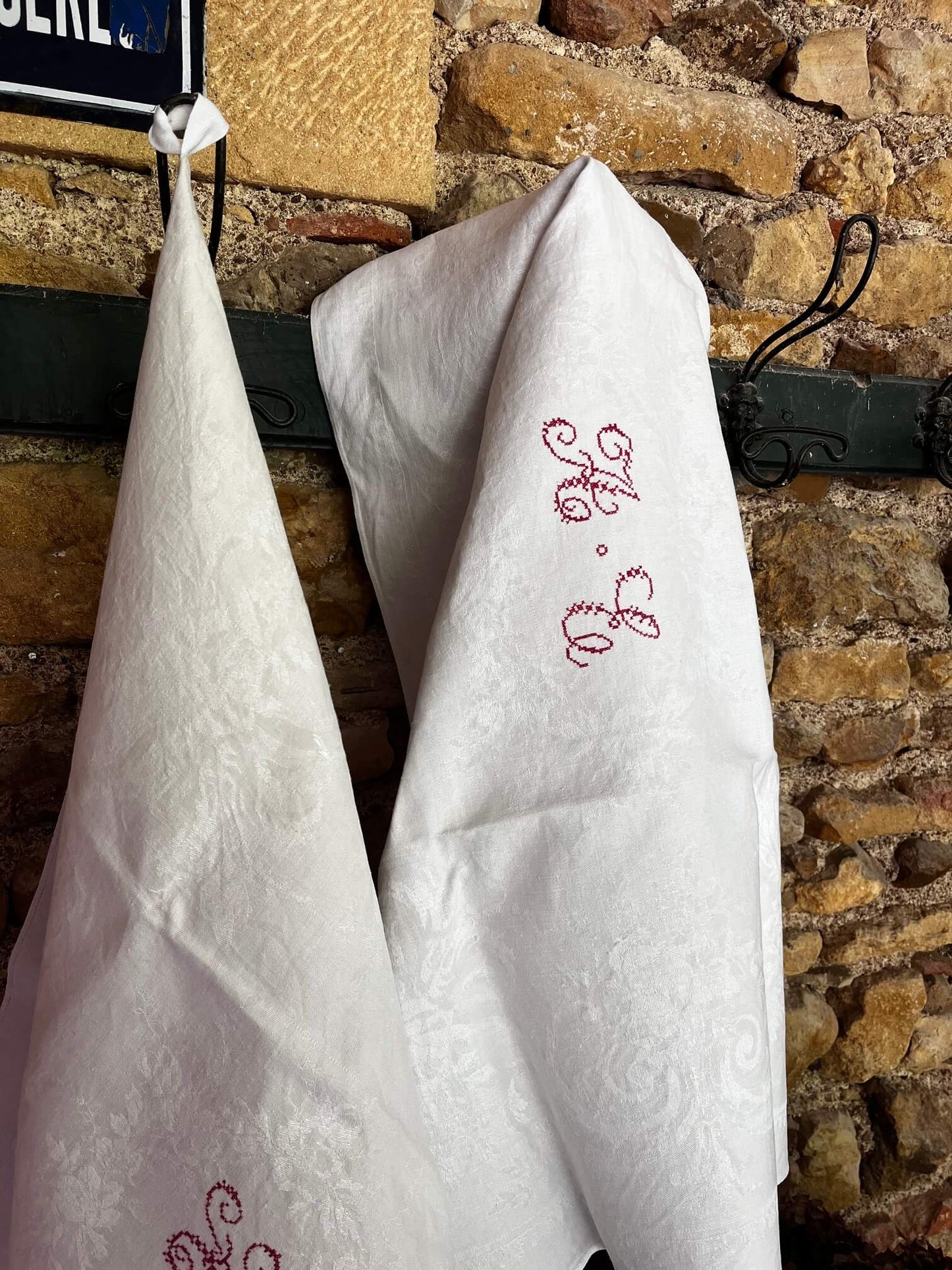 XL Antique Monogrammed Damask Cotton Kitchen Towel – Vintage French Linen