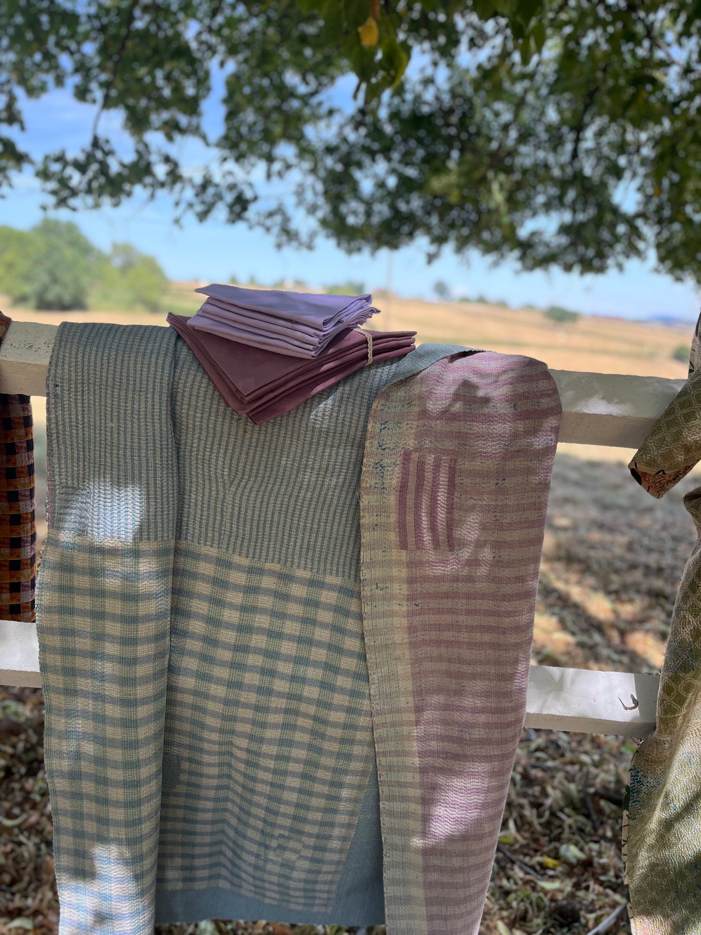 Reversible Handmade Indian Kantha – Pastel Blue & Mauve Cotton Bedspread – One-of-a-Kind 145 × 205 cm
