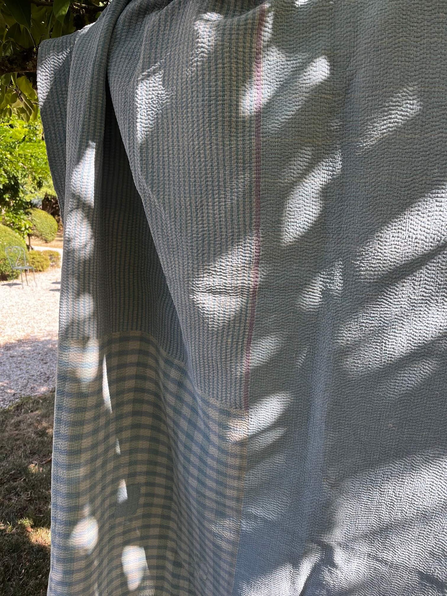 Reversible Handmade Indian Kantha – Pastel Blue & Mauve Cotton Bedspread – One-of-a-Kind 145 × 205 cm