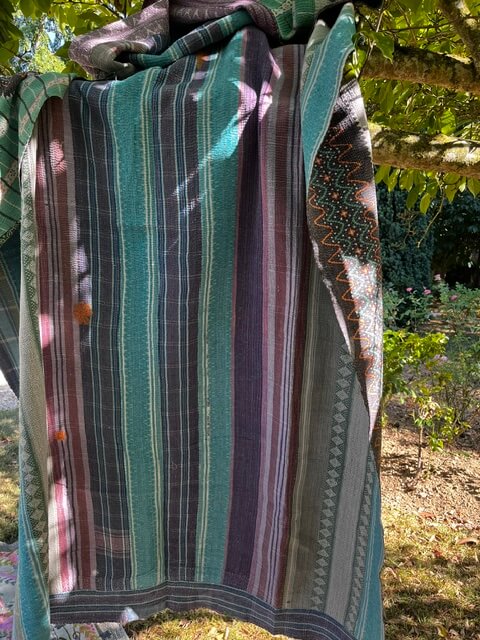Handmade Reversible Indian Kantha Quilt Blue, Green & Plum – Cotton Bedspread – One of a Kind – 130 × 200 cm