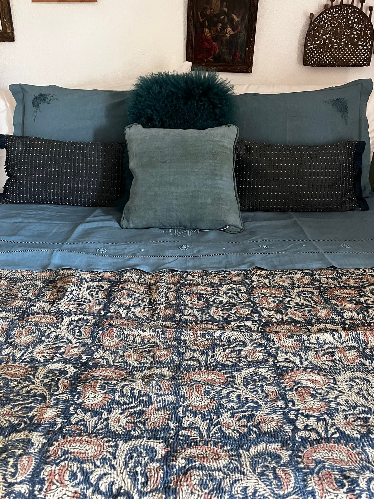 Kantha Indien Réversible Fait Main – Couvre-lit Bohème Block print en Coton – 194x150 cm