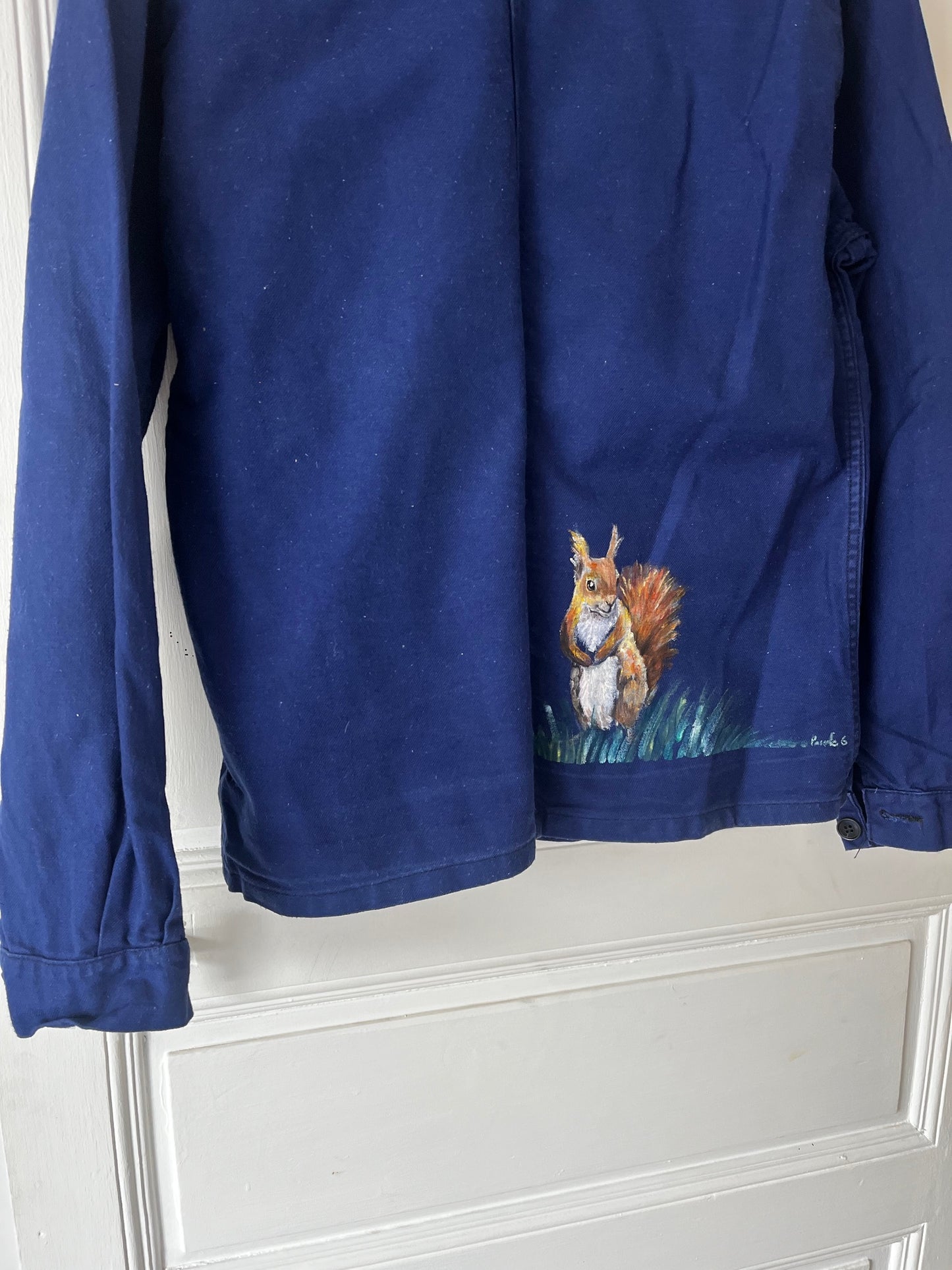 Bleu de travail écureuil peint porté, style vintage féminin taille 38/40