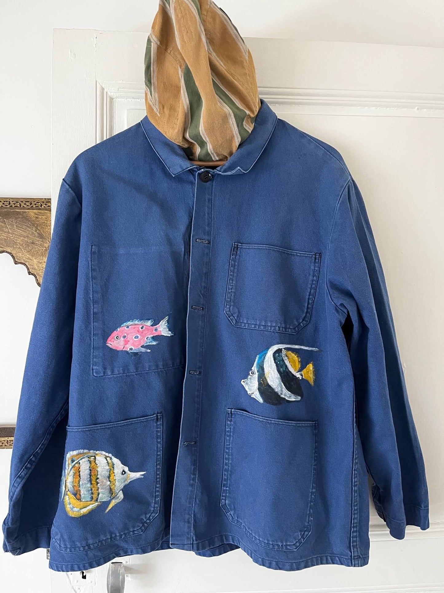 Bleu de Travail "Mr Poisson" - Veste Vintage Peinte Main (Taille L)