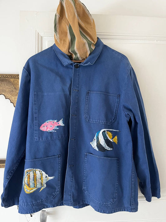 Bleu de Travail "Mr Poisson" - Veste Vintage Peinte Main (Taille L)