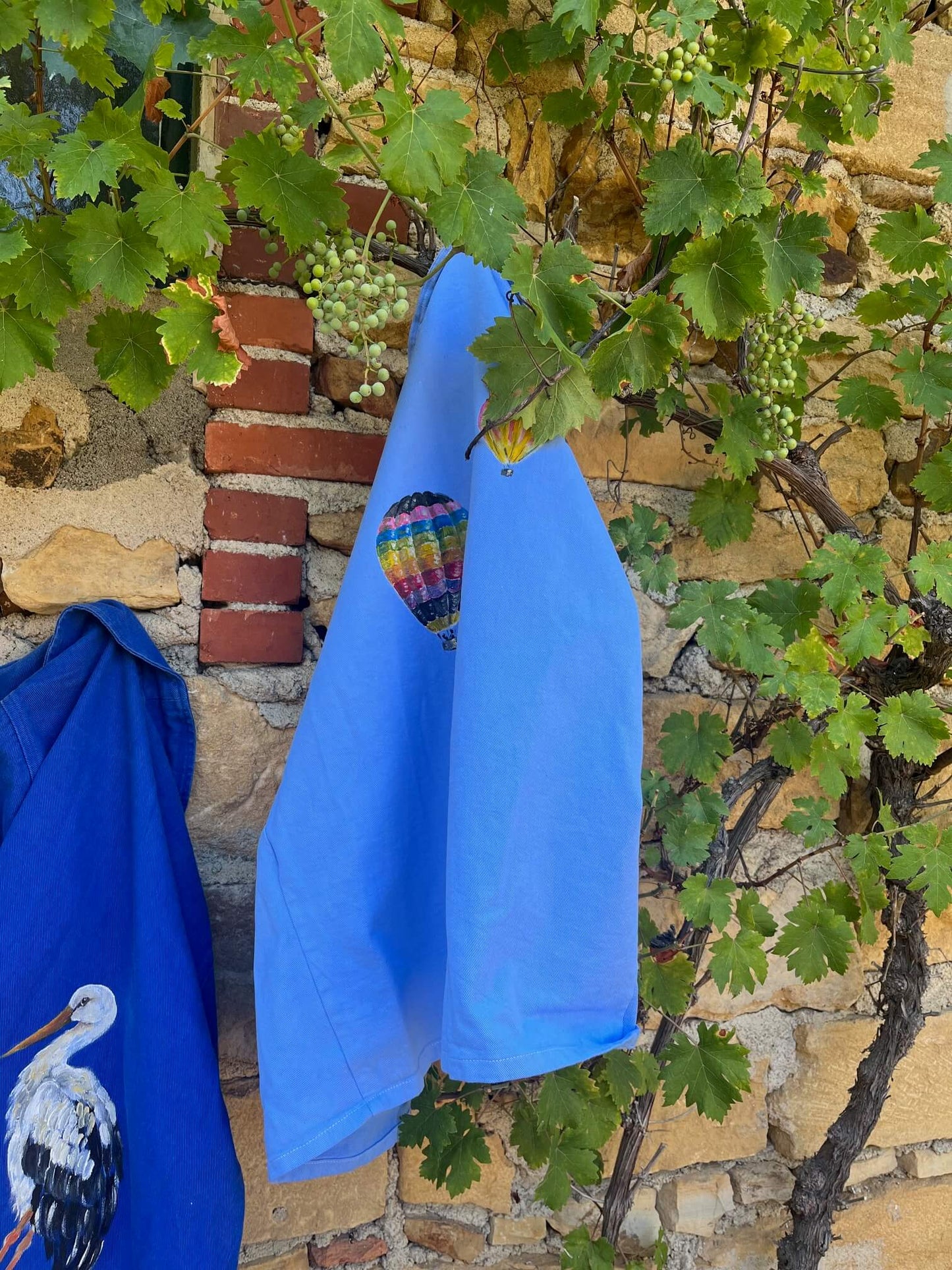 Dos d'un bleu de travail vintage français peint à la main avec des montgolfières – pièce unique Le Roi Arthur