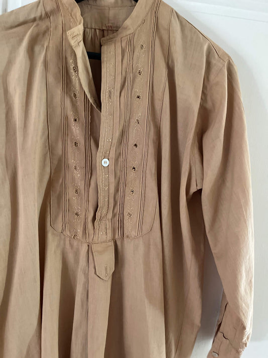 Chemise coton vintage beige upcyclée taille 40 - vue de face