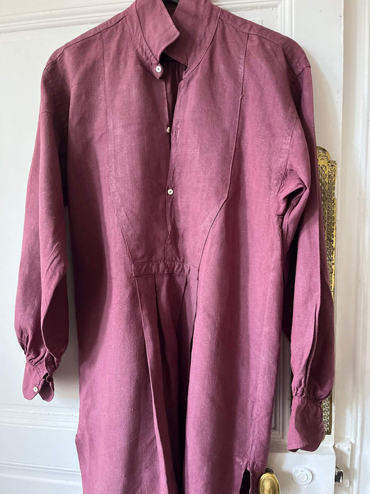 Chemise vintage bordeaux upcyclée en coton ancien, taille L