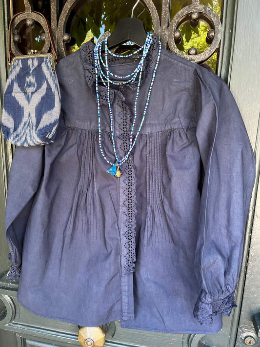 Chemisier ancien bleu nuit en coton, taille XS, vue de face