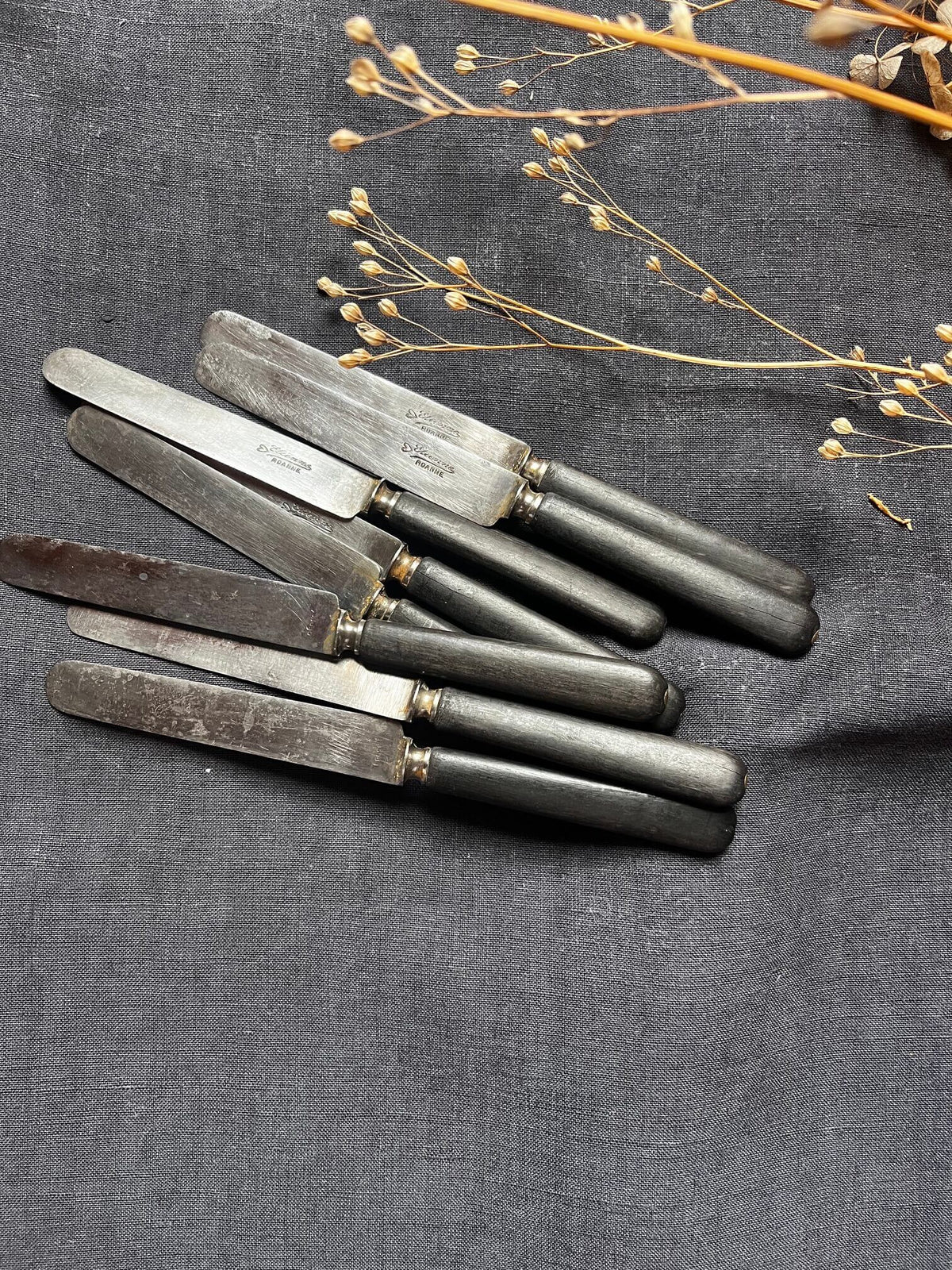 Couteaux anciens en métal argenté avec manches noirs et patine vintage