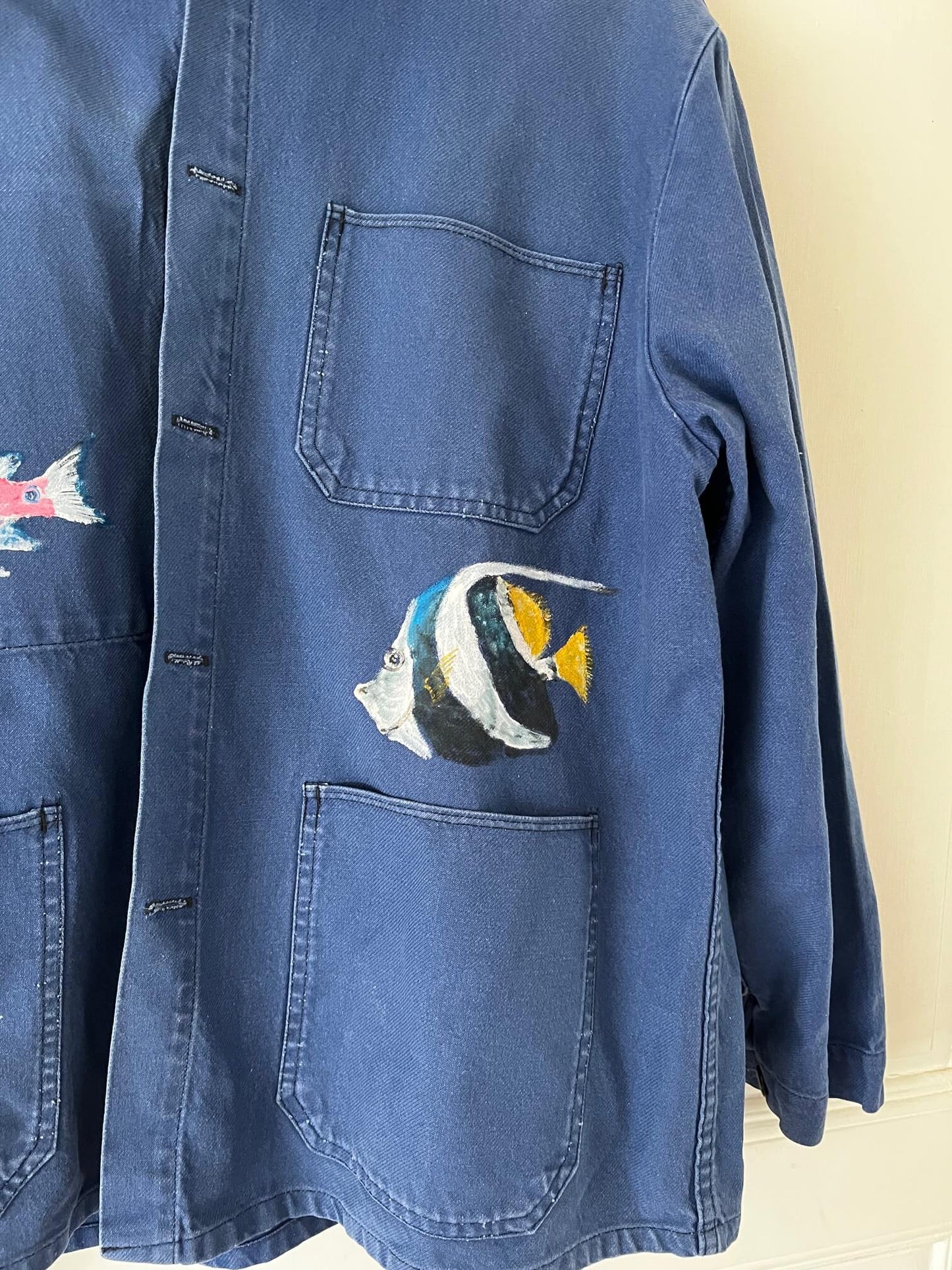 Bleu de Travail "Mr Poisson" - Veste Vintage Peinte Main (Taille L)