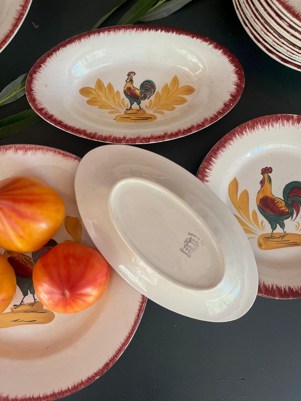 Détail des motifs de coqs sur une vaisselle Terre de Fer vintage