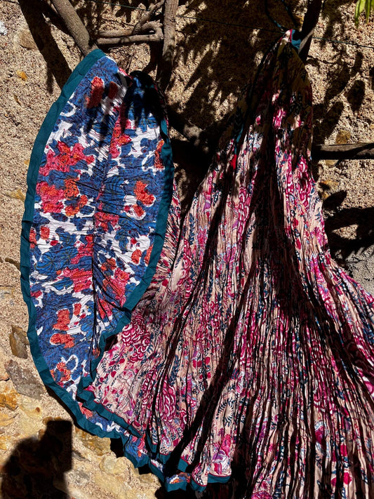 jupe longue bohème coton fleuri rose bleu