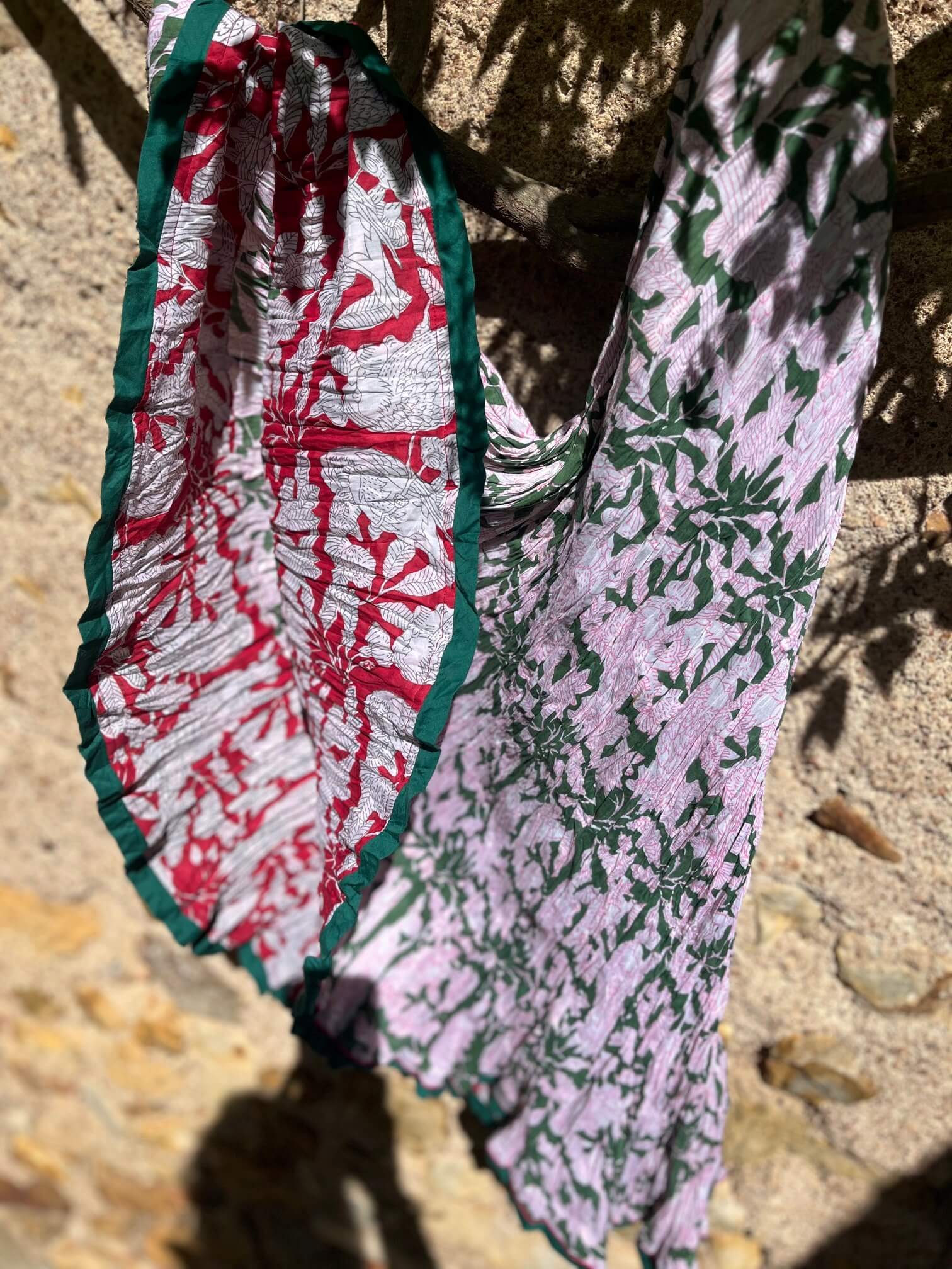 jupe longue bohème femme coton rose motifs verts taille unique