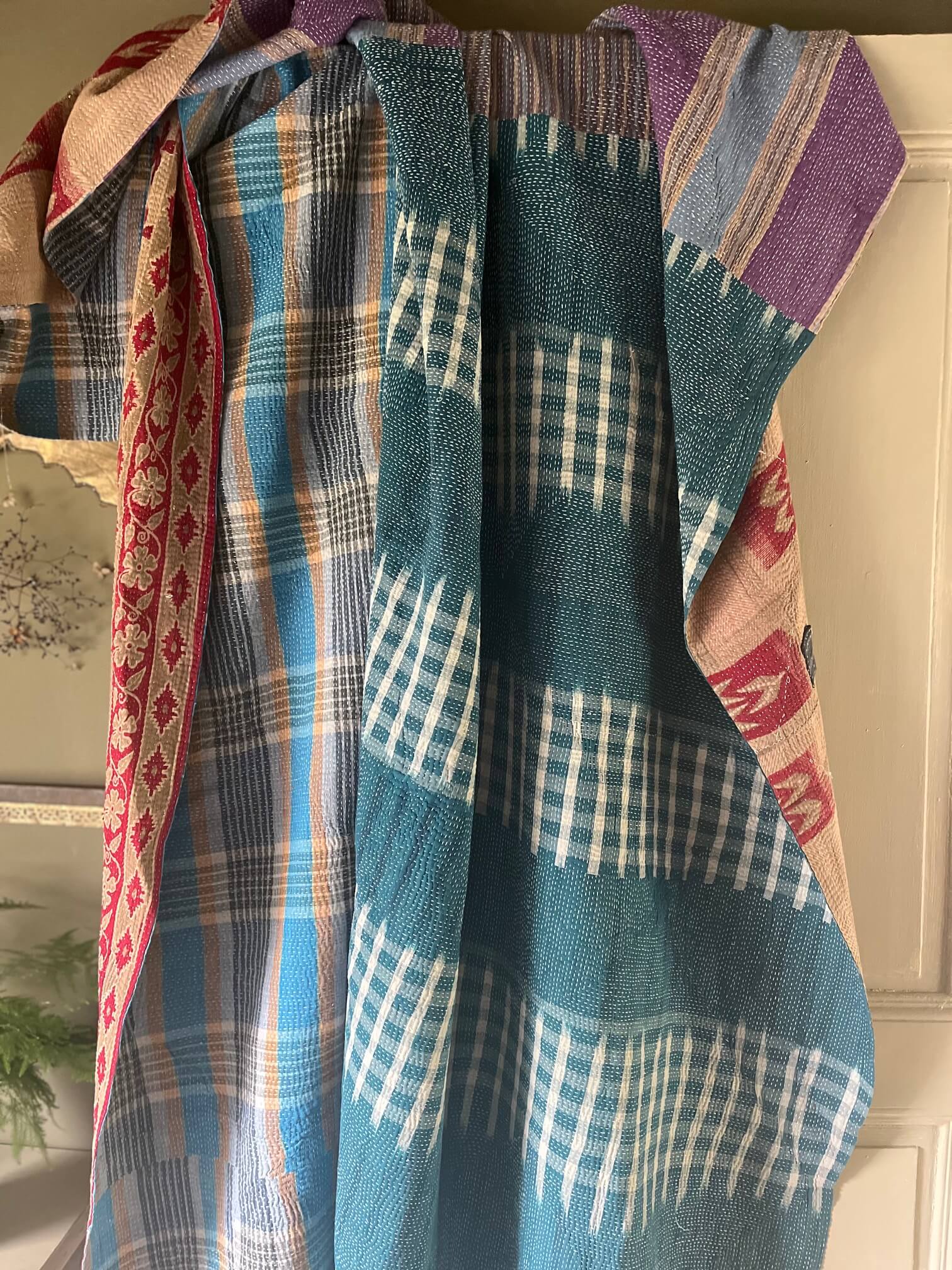 Kantha coton vert fait main décoration naturelle et douce