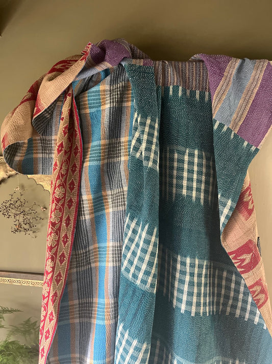 Couvre-lit kantha indien fait main vert réversible en coton 160x230 cm