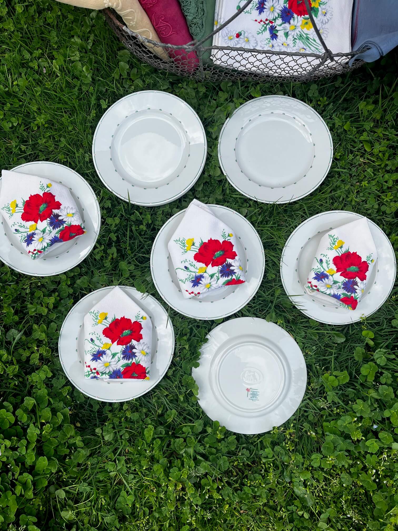 Scène de pique-nique chic avec serviettes fleuries vintage et vaisselle rétro sur l’herbe
