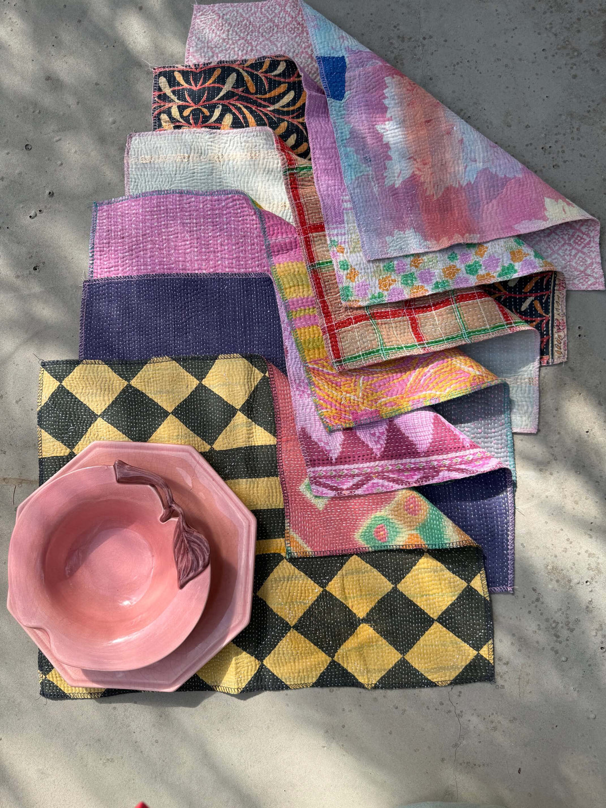 Lot de 6 sets de table réversibles en Kantha indien multicolore