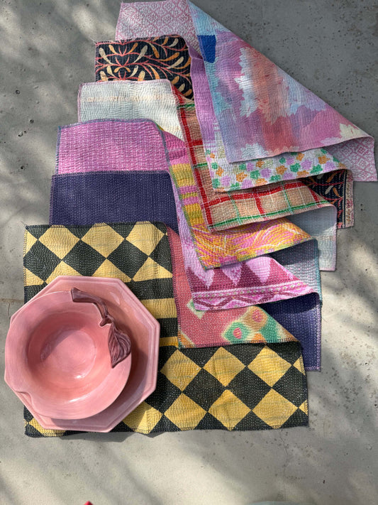 Lot de 6 sets de table réversibles en Kantha indien multicolore