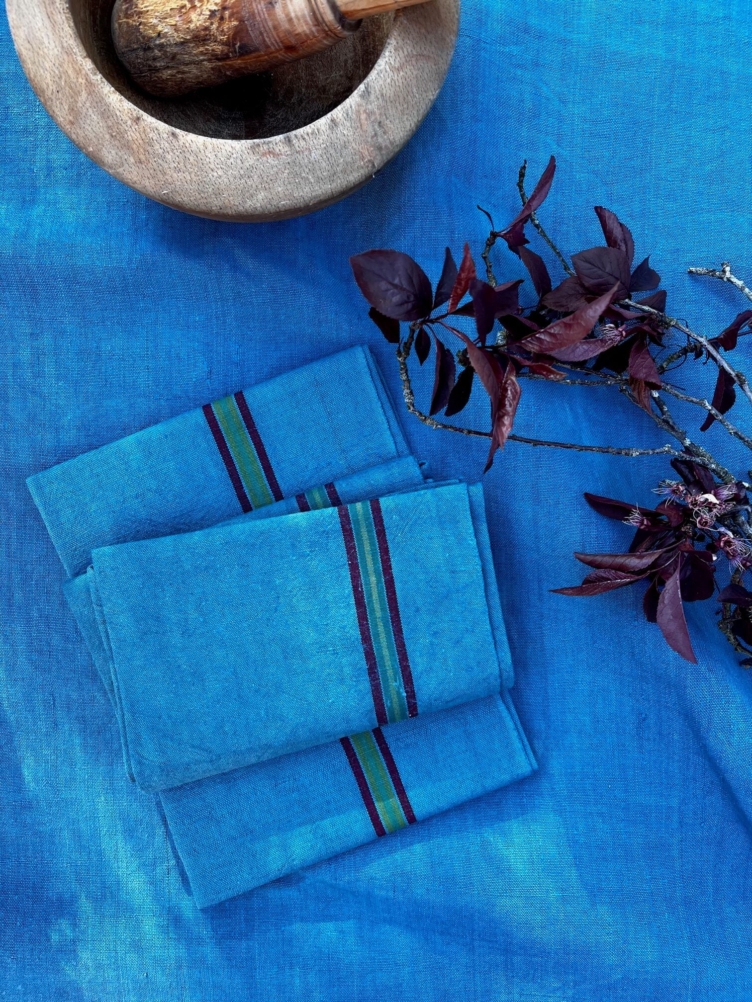 Torchon ancien en coton bleu canard avec rayures style cuisine vintage