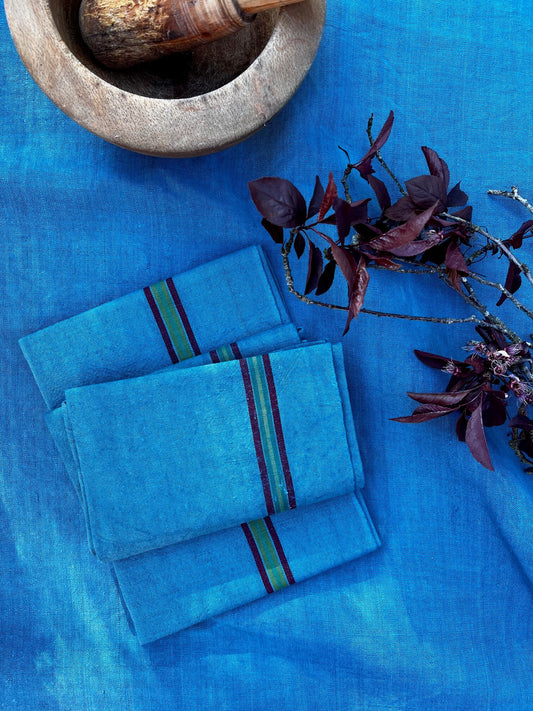 Torchon ancien en coton bleu canard avec rayures style cuisine vintage