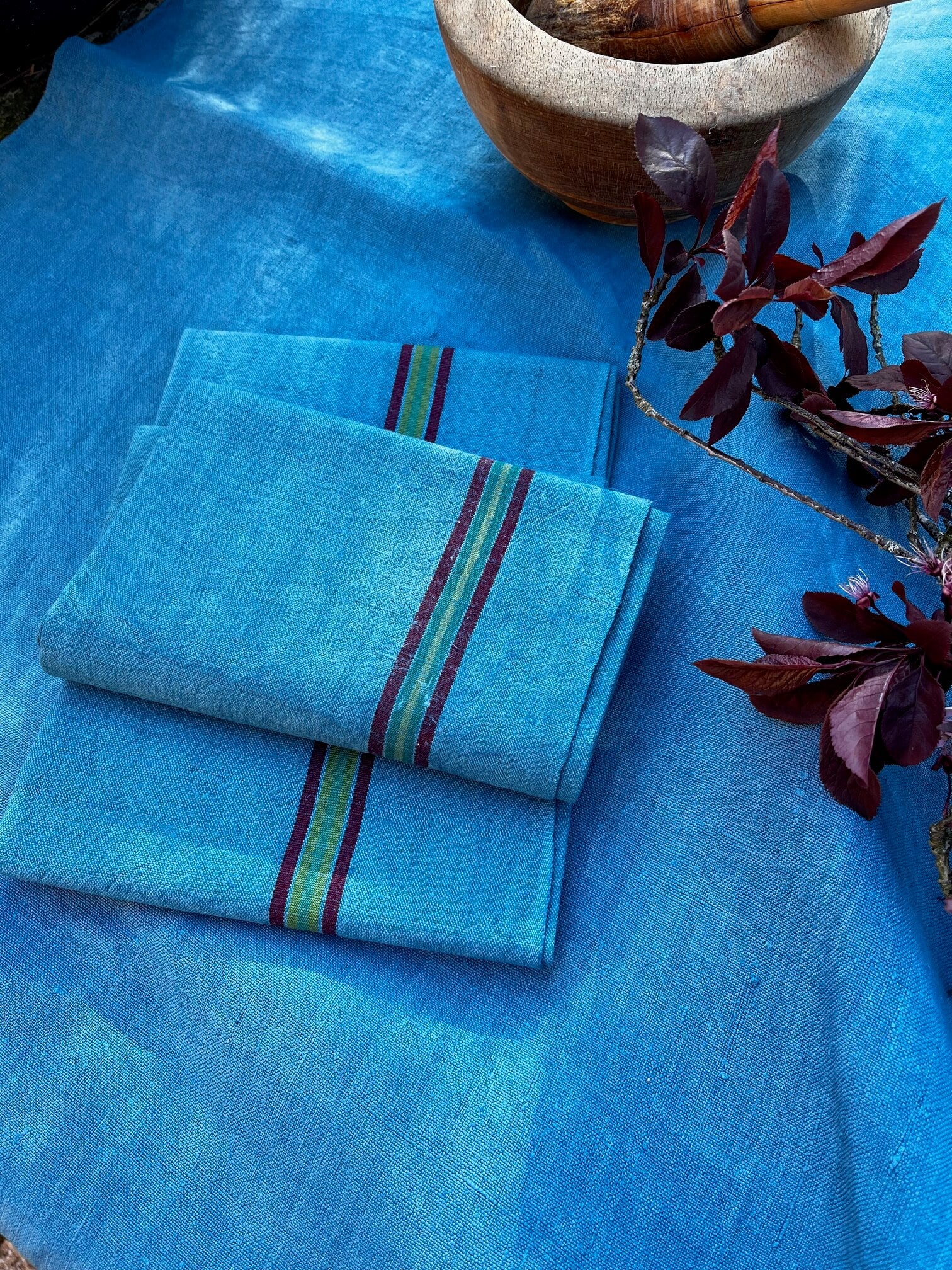 Torchon de cuisine vintage bleu canard rayé en coton ancien