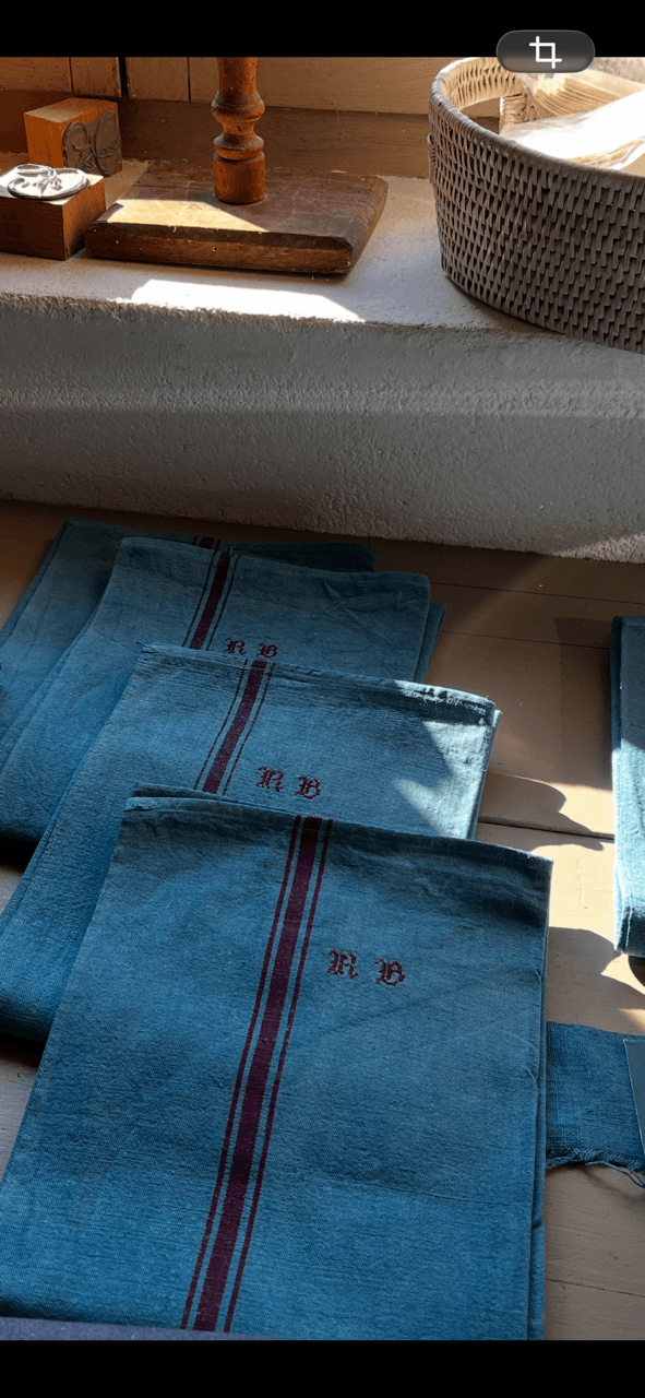 Torchon de cuisine vintage bleu canard en coton linge ancien