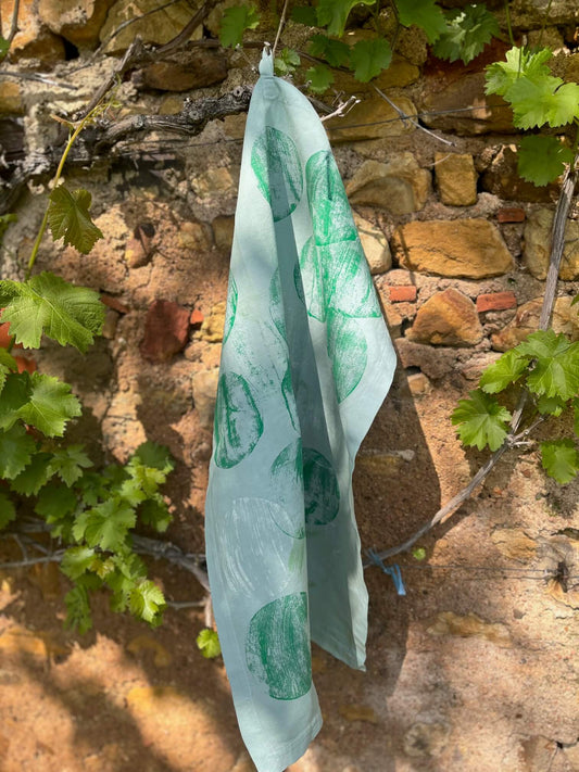 Torchon peint à la main, coton vintage vert céladon, accessoire original pour cuisine

