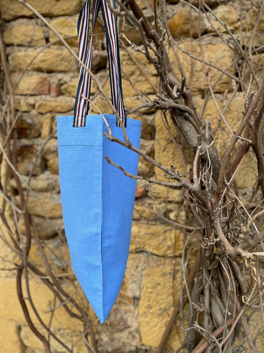 Tote bag en drap ancien teint bleu, sac en linge ancien upcyclé