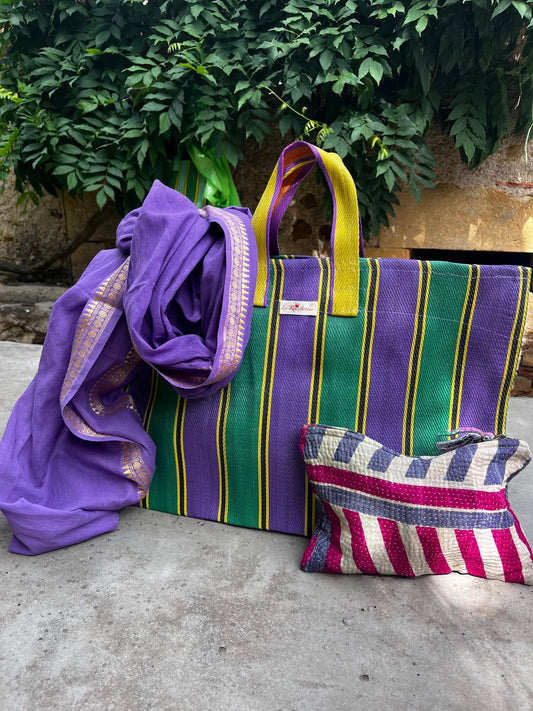 Trio Jardin Secret composé d'un cabas artisanal vert et violet, d'une étole violette et d'une pochette kantha colorée – Le Roi Arthur Boutique