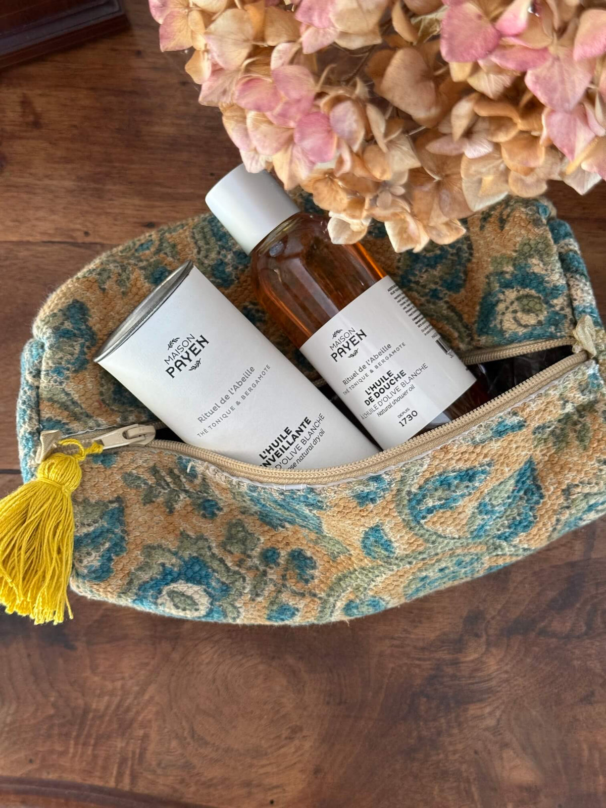 Trousse de toilette femme Adèle en coton fleuri bleu turquoise