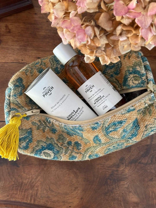 Trousse de toilette femme Adèle en coton fleuri bleu turquoise