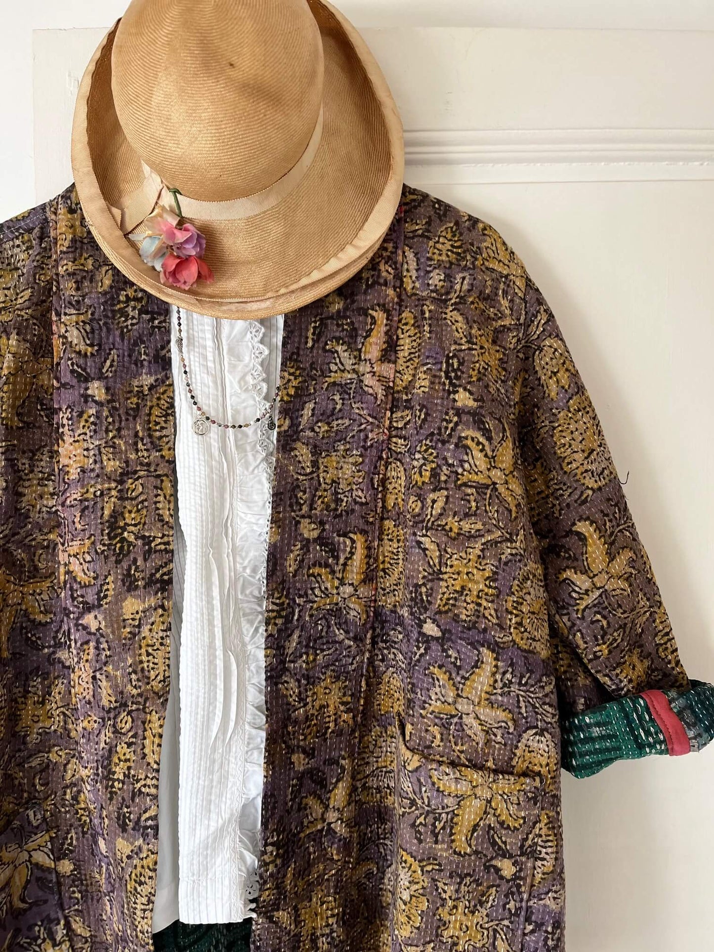 Veste Kantha Olivia en tissu indien block print fait main